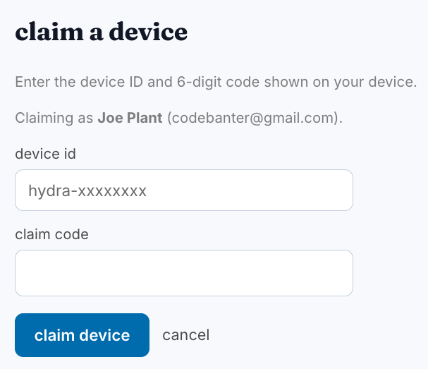 Hydra claim-a-device form with fields for device ID and claim code.